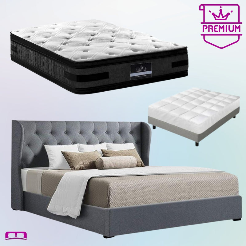 King Premium Package | Elouera Bed Grey, Luna Series Euro Top Mattress (Medium Firm) & Bamboo Mattress Topper! - Bedzy Australia