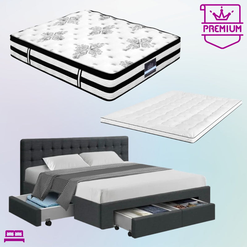 King Premium Package | Trinity Bed Charcoal, Algarve Euro Top Mattress (Medium Firm) & Deluxe Mattress Topper! - Bedzy Australia