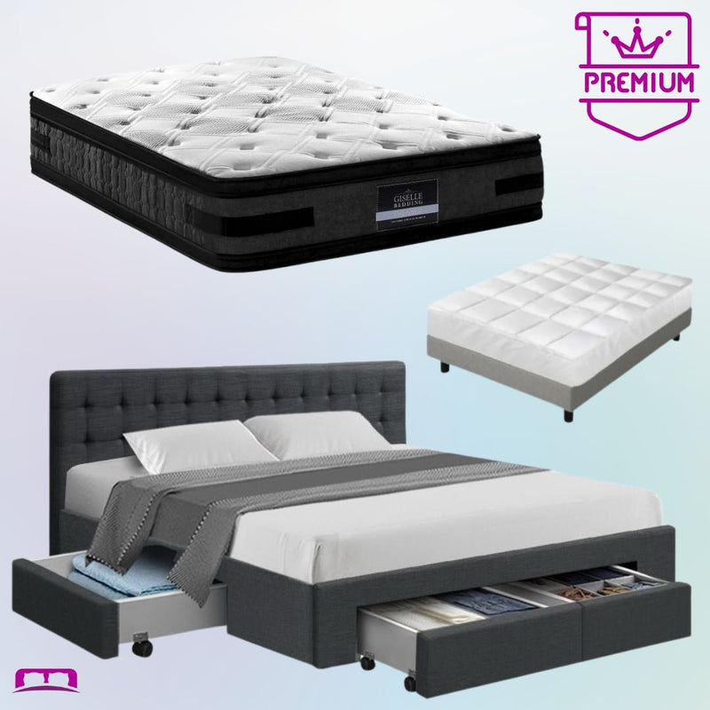 King Premium Package | Trinity Bed Charcoal, Luna Series Euro Top Mattress (Medium Firm) & Bamboo Mattress Topper! - Bedzy Australia