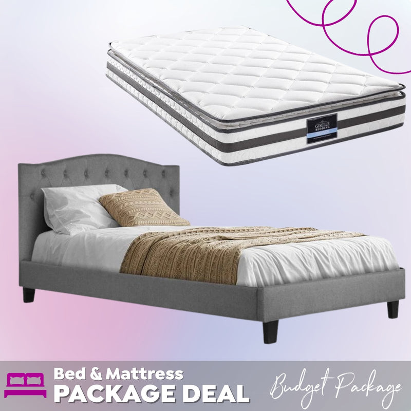 King Single Package | Jervis Bed Grey & Normay Bonnell Spring Pillow Top Mattress (Medium Firm) - Bedzy Australia