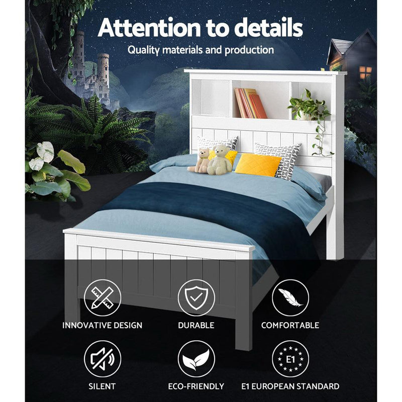 King Single Package | Kids Conqueror Wooden Bed Frame with Shelving White & Bonita Euro Top Mattress (Medium Firm) - Bedzy Australia (ABN 18 642 972 209) -