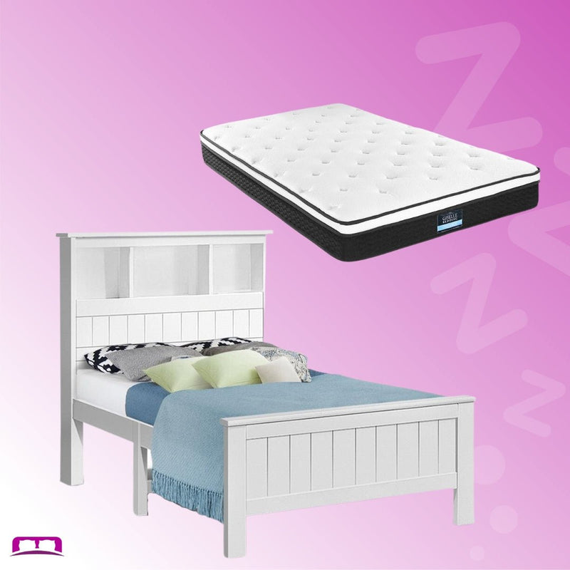 King Single Package | Kids Conqueror Wooden Bed Frame with Shelving White & Bonita Euro Top Mattress (Medium Firm) - Bedzy Australia (ABN 18 642 972 209) -