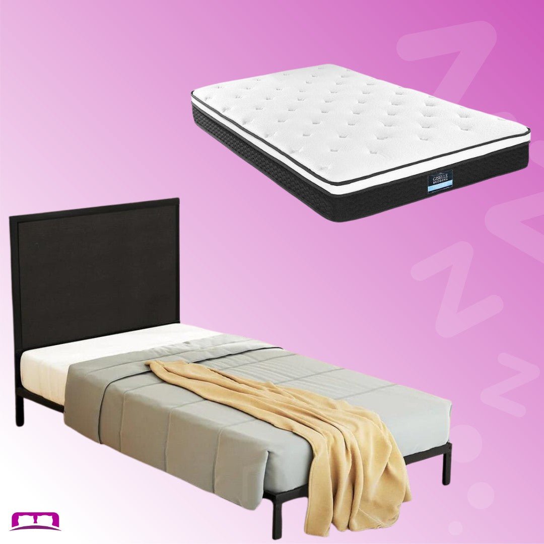 King Single Package | Paddington Bed Frame With Fabric Headboard Black & Bonita Euro Top Mattress (Medium Firm) - Bedzy Australia