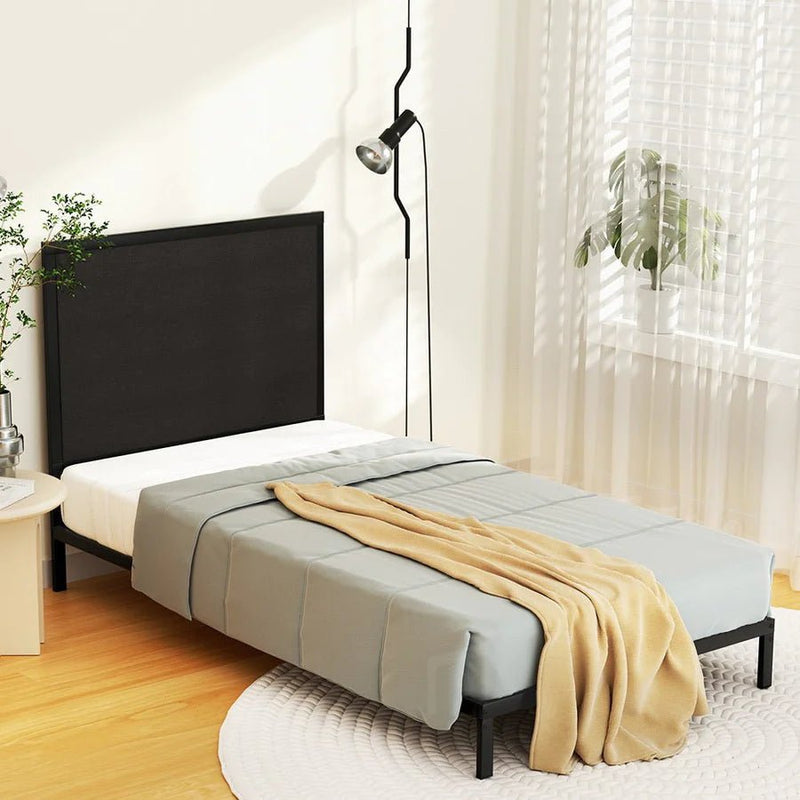 King Single Package | Paddington Bed Frame With Fabric Headboard Black & Bonita Euro Top Mattress (Medium Firm) - Bedzy Australia