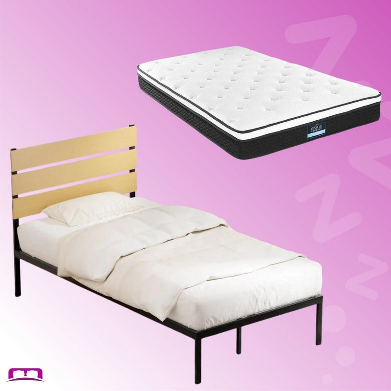 King Single Package | Paula Metal Bed Frame Black With Wooden Headboard & Bonita Euro Top Mattress (Medium Firm) - Bedzy Australia