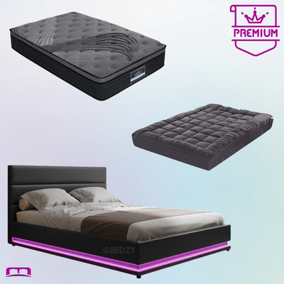 King Single Premium Package | Henley LED Storage Bed Frame Black, Alanya Euro Top Pocket Spring Mattress (Medium Firm) & Pillowtop Mattress Topper - Bedzy Australia