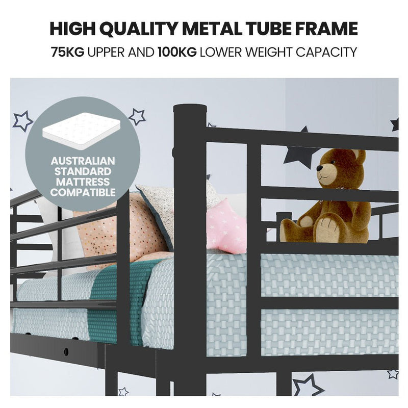 Kingston Slumber 2in1 Single Metal Bunk Bed Frame, with Modular Design, Dark Matte Grey - Bedzy Australia (ABN 18 642 972 209) - Furniture > Bedroom