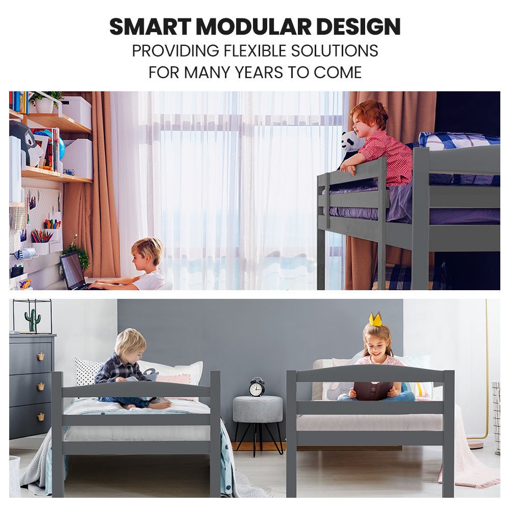 Kids Single Wooden Bunk Bed Frame - Grey Matt - Furniture > Bedroom - Bedzy Australia