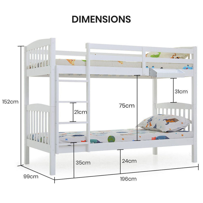 Kingston Slumber Wooden Kids Bunk Bed Frame, with Modular Design that can convert to 2 Single, White - Bedzy Australia (ABN 18 642 972 209) - Furniture > Bedroom