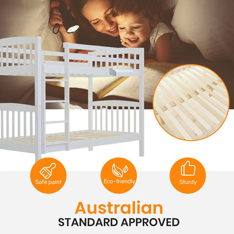 Kingston Slumber Wooden Kids Bunk Bed Frame, with Modular Design that can convert to 2 Single, White - Bedzy Australia (ABN 18 642 972 209) - Furniture > Bedroom