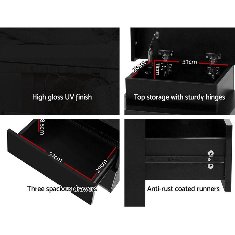 LED Bedside Table Side Table High Gloss Black - Bedzy Australia - Furniture > Bedroom