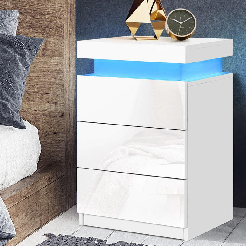 LED Bedside Table Side Table High Gloss White - Bedzy Australia