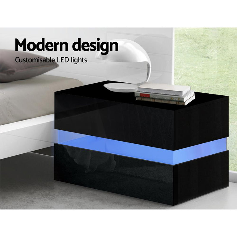 LED Light Bedside Table With 2 Drawers Black - Bedzy Australia
