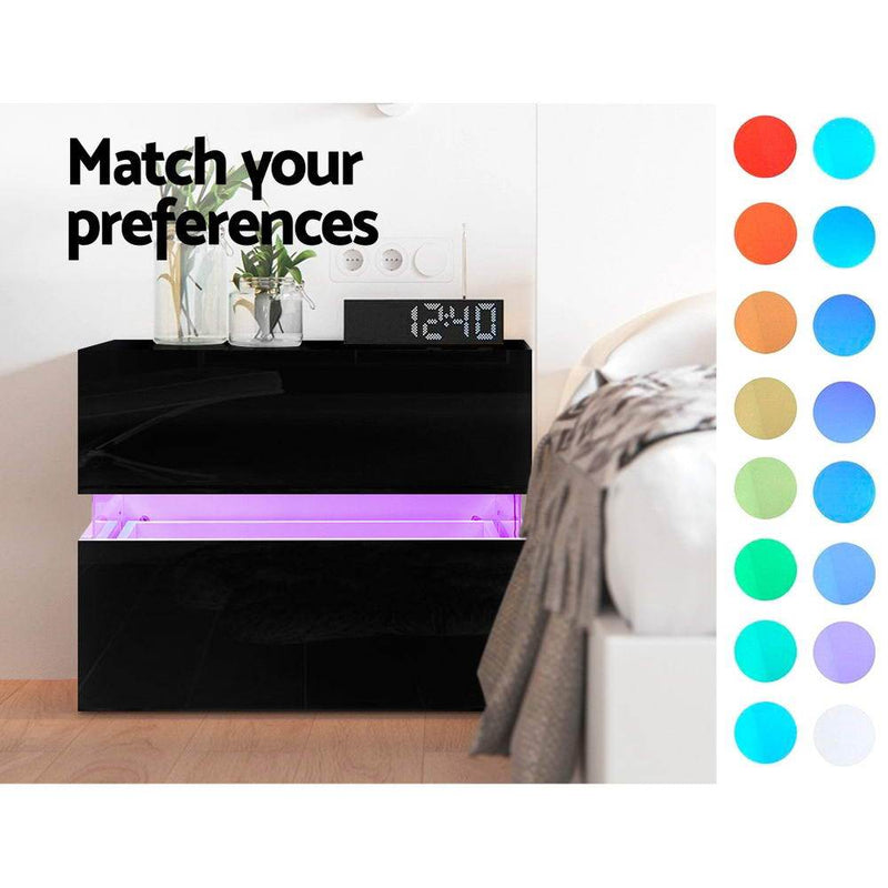 LED Light Bedside Table With 2 Drawers Black - Bedzy Australia - Furniture > Bedroom