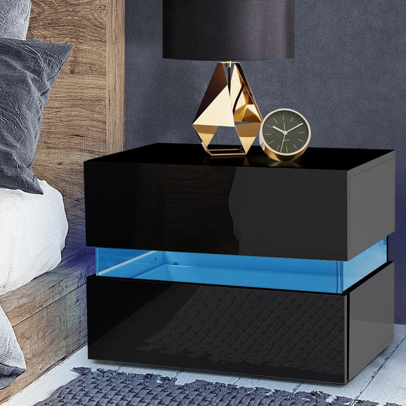 LED Light Bedside Table With 2 Drawers Black - Bedzy Australia