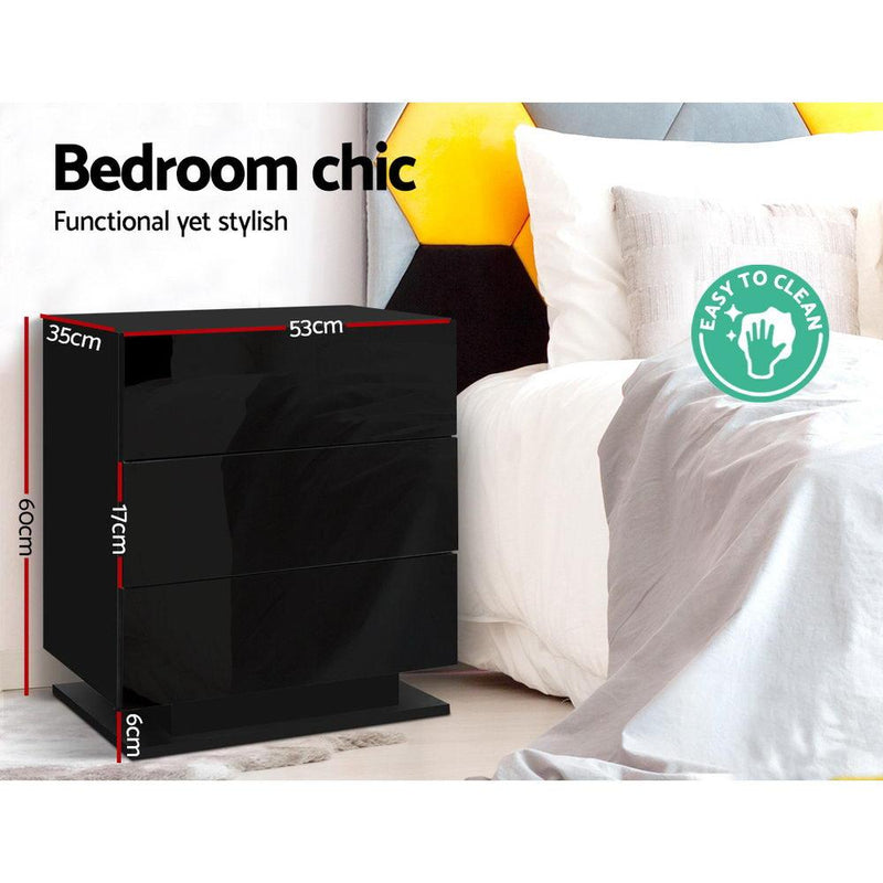 LED Light Bedside Table with 3 Drawers Gloss Black - Bedzy Australia - Furniture > Bedroom