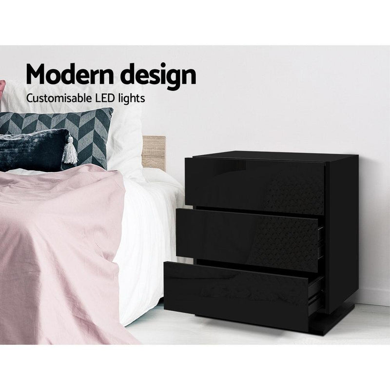 LED Light Bedside Table with 3 Drawers Gloss Black - Bedzy Australia