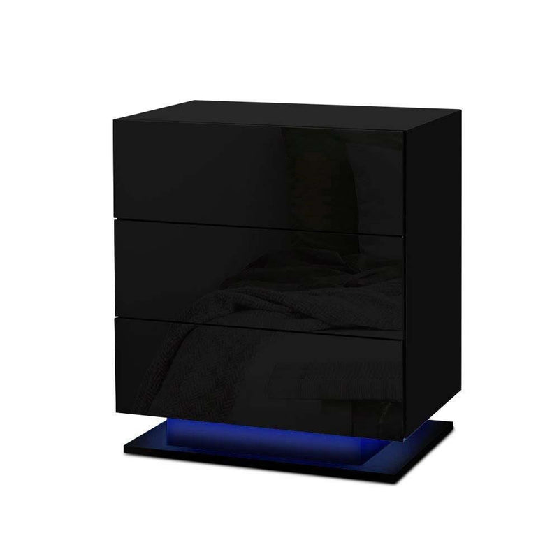 LED Light Bedside Table with 3 Drawers Gloss Black - Bedzy Australia