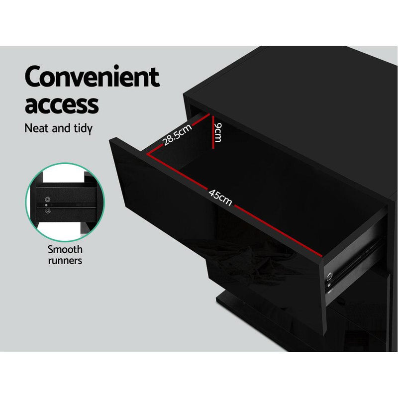 LED Light Bedside Table with 3 Drawers Gloss Black - Bedzy Australia - Furniture > Bedroom