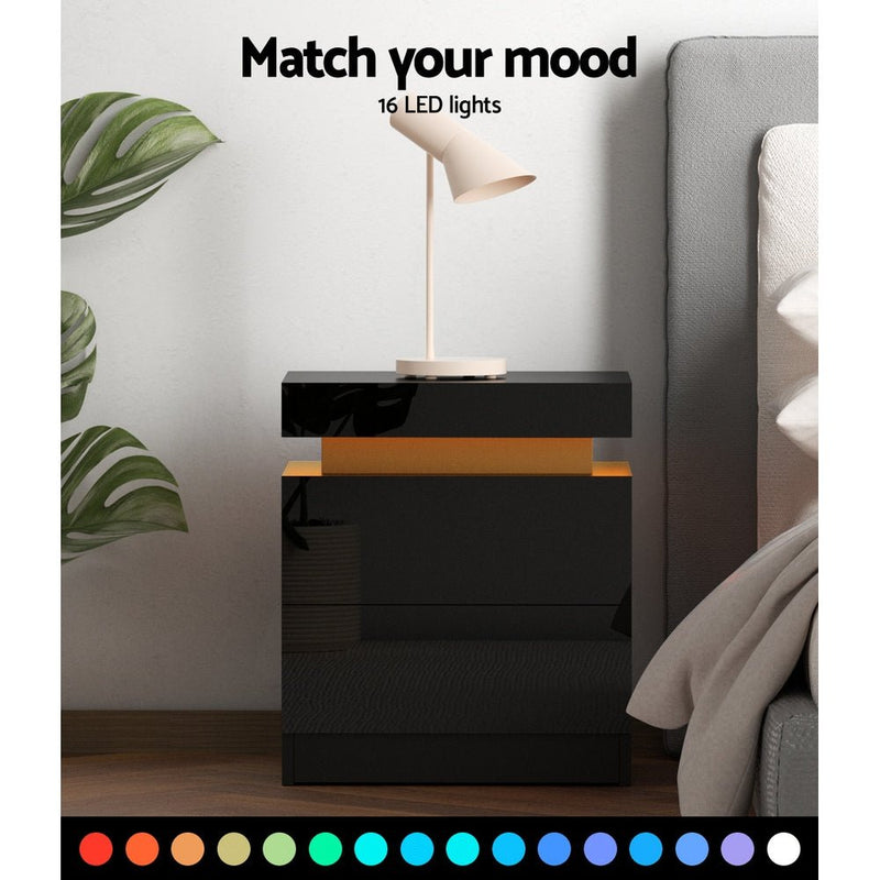 LED Light Bedside Table With Drawers Black - Bedzy Australia