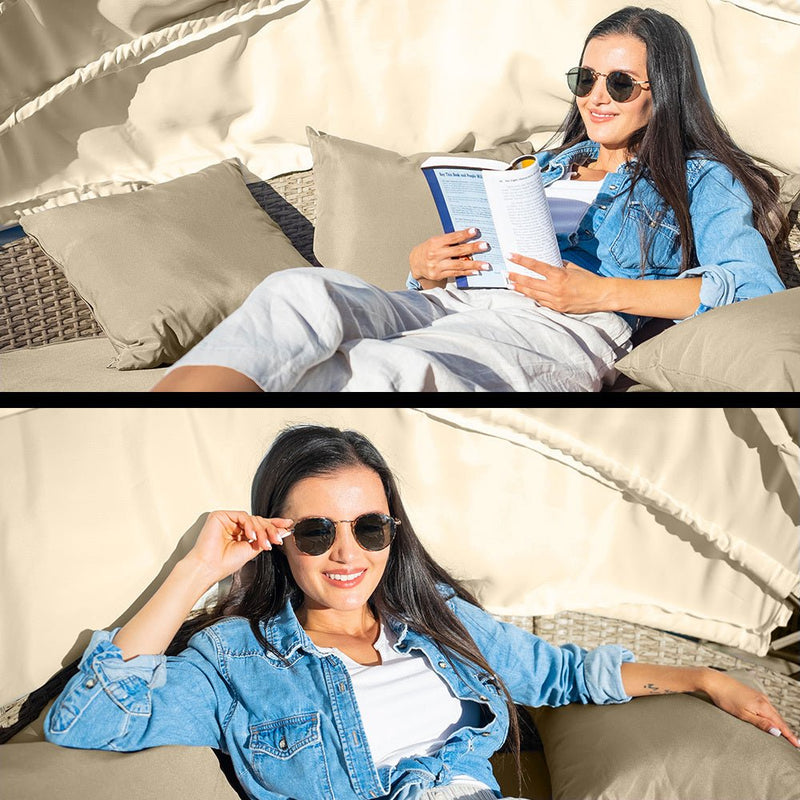 LONDON RATTAN 3pc Day Bed Round Lounge Outdoor Furniture, Beige Wicker and Canopy - Bedzy Australia (ABN 18 642 972 209) - Furniture > Outdoor