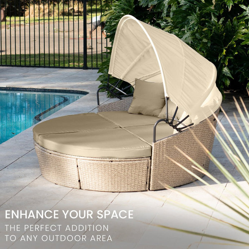 LONDON RATTAN 3pc Day Bed Round Lounge Outdoor Furniture, Beige Wicker and Canopy - Bedzy Australia (ABN 18 642 972 209) - Furniture > Outdoor