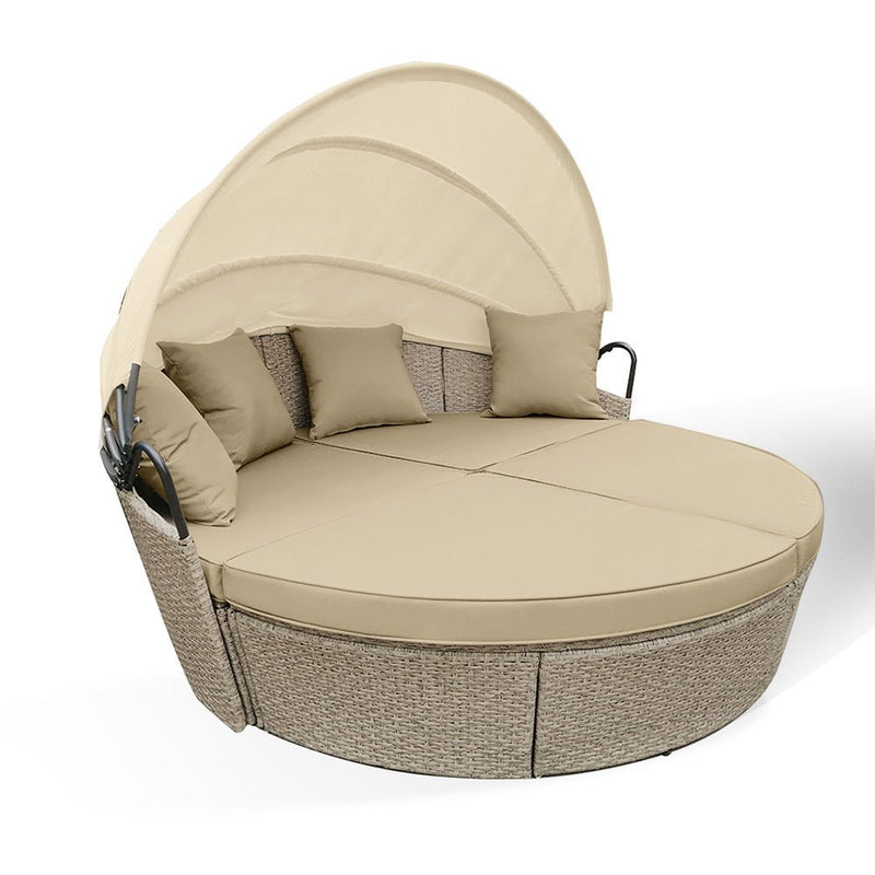 LONDON RATTAN 3pc Day Bed Round Lounge Outdoor Furniture, Beige Wicker and Canopy - Bedzy Australia (ABN 18 642 972 209) - Furniture > Outdoor