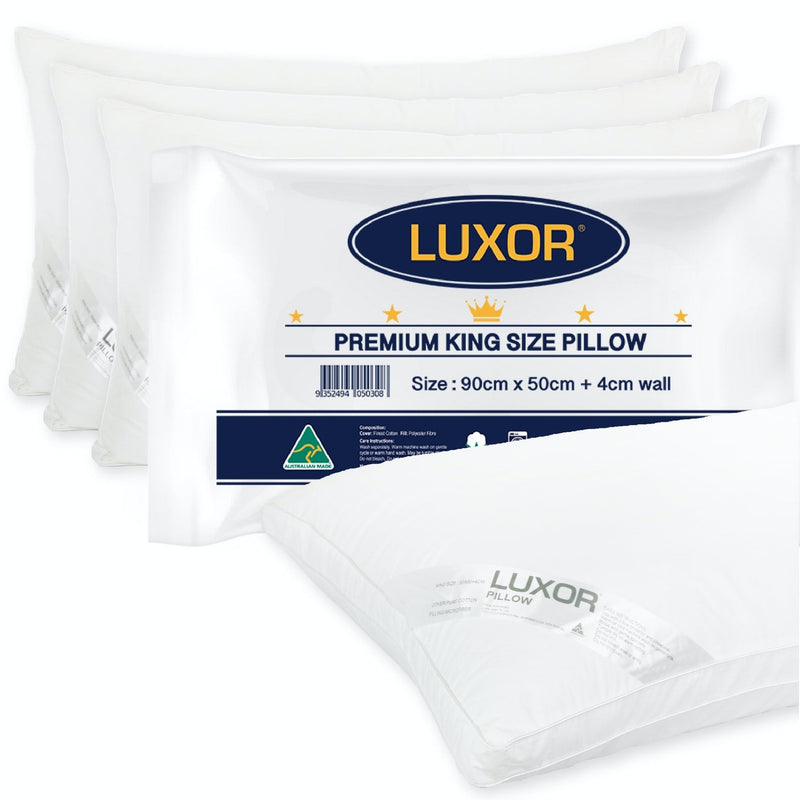 Luxor Australian Made Hotel King Size Pillow with 4cm Wall Four Pack - Bedzy Australia (ABN 18 642 972 209) - Home & Garden > Bedding