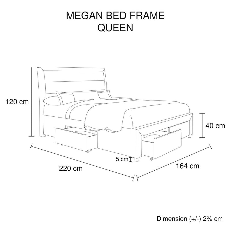 Megan Queen Bed Frame Light Grey with Base Drawers - Bedzy Australia