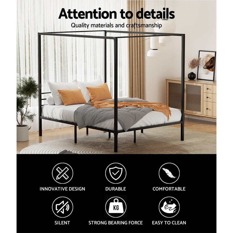 Metal Four Poster Queen Size Bed Frame Black - Furniture > Bedroom - Bedzy Australia