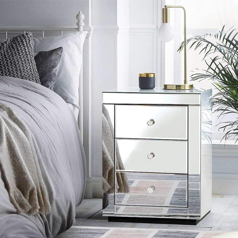 Mirrored Bedside Table Drawers Furniture Mirror Glass Presia Silver - Bedzy Australia - Furniture > Bedroom