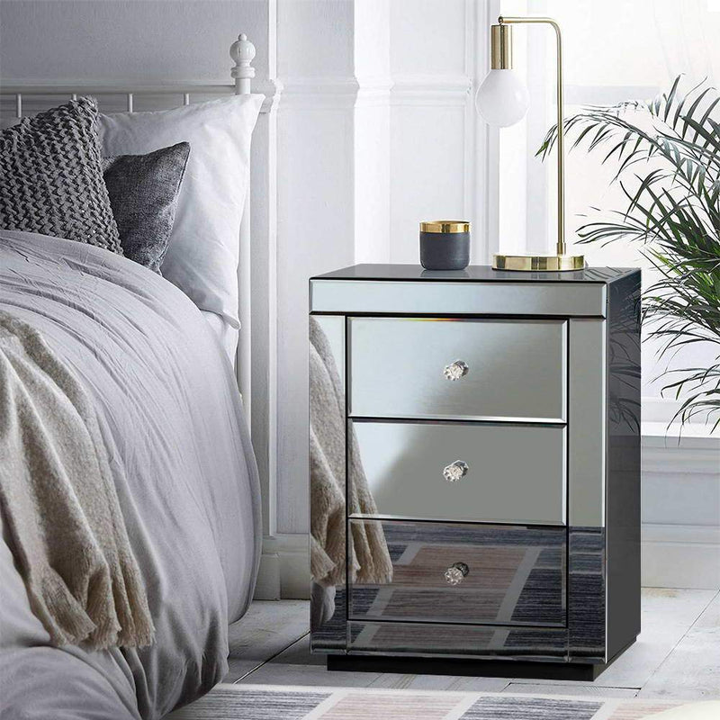 Mirrored Bedside table Drawers Furniture Mirror Glass Presia Smoky Grey - Bedzy Australia