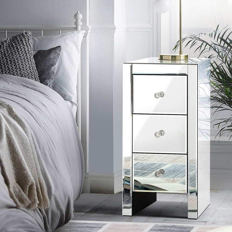 Mirrored Bedside table Drawers Furniture Mirror Glass Quenn Silver - Bedzy Australia - Furniture > Bedroom
