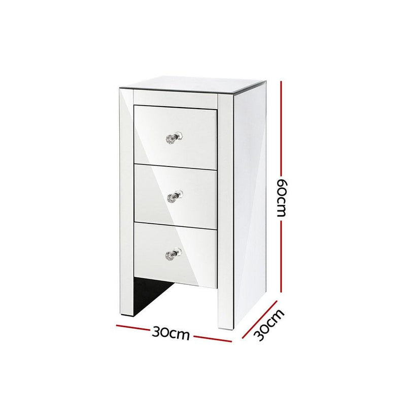 Mirrored Bedside table Drawers Furniture Mirror Glass Quenn Silver - Bedzy Australia - Furniture > Bedroom