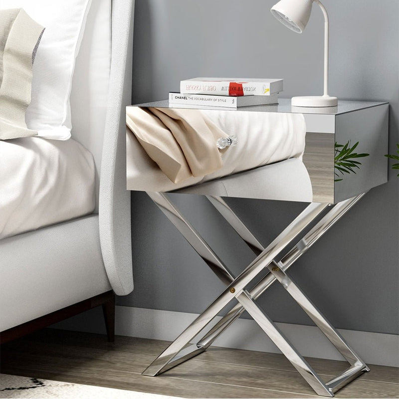 Mirrored Bedside Table Silver - Furniture > Bedroom - Bedzy Australia