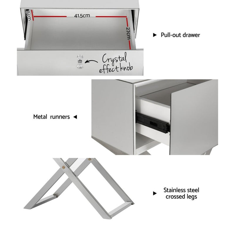 Mirrored Bedside Table Side End Table Drawers Nightstand Bedroom Silver - Bedzy Australia (ABN 18 642 972 209) - Furniture > Bedroom