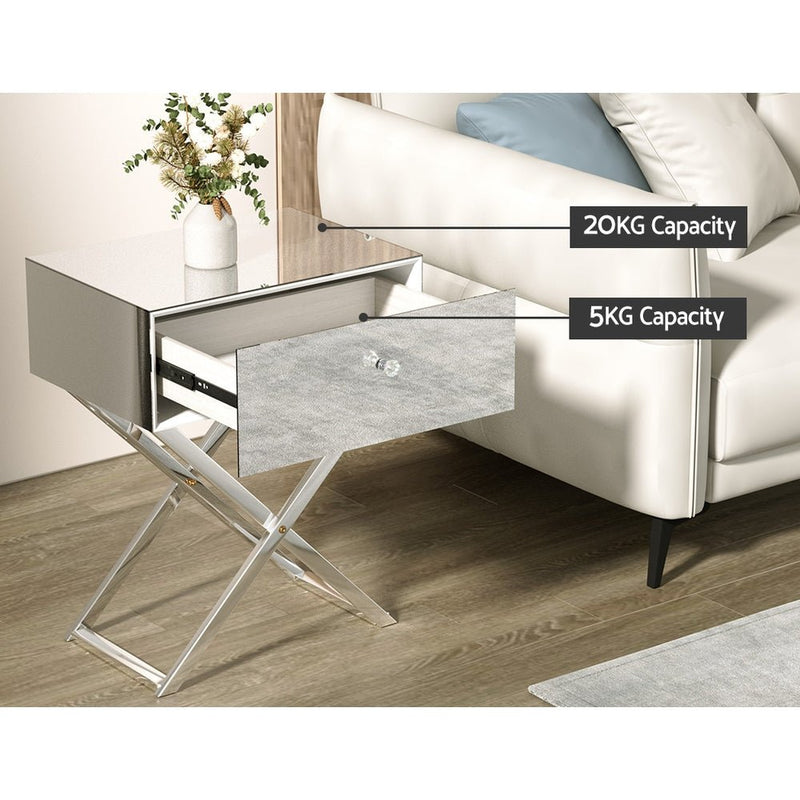 Mirrored Bedside Table Silver - Furniture > Bedroom - Bedzy Australia