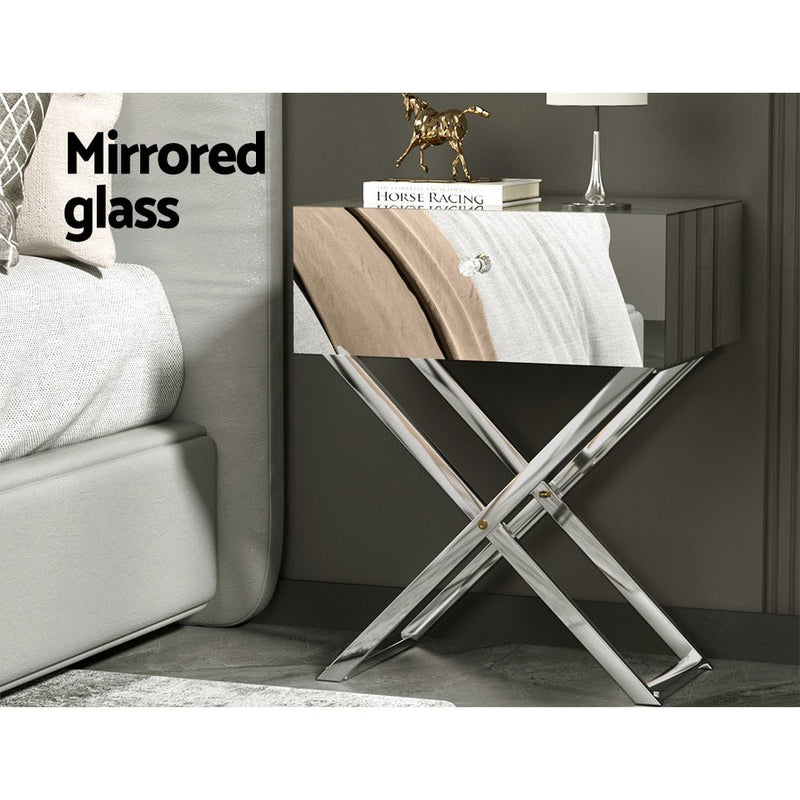 Mirrored Bedside Table Silver - Furniture > Bedroom - Bedzy Australia