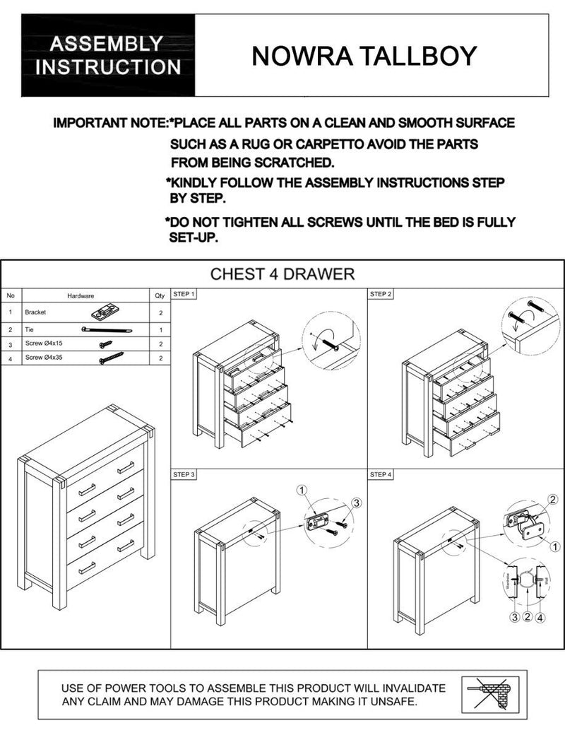 Nowra 4 Drawer Tallboy - Bedzy Australia