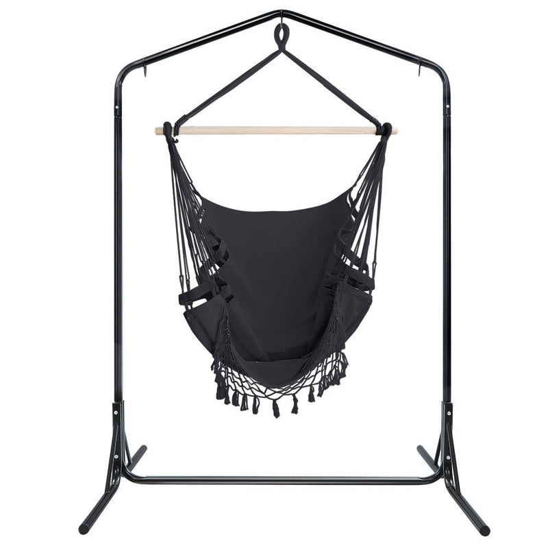 Outdoor Hammock Chair with Stand Tassel Hanging Rope Hammocks Grey - Furniture > Outdoor - Bedzy Australia