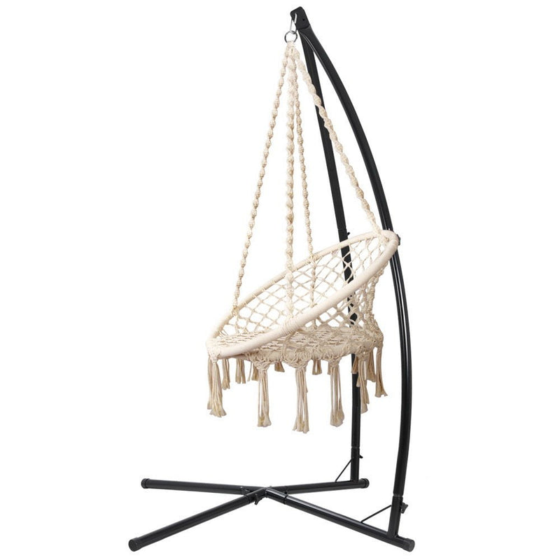 Outdoor Hammock Chair with Steel Stand Cotton Swing Hanging 124CM Cream - Bedzy Australia (ABN 18 642 972 209) - Furniture > Outdoor