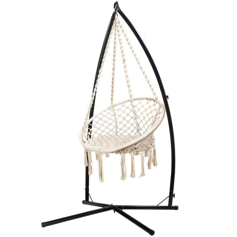Outdoor Hammock Chair with Steel Stand Cotton Swing Hanging 124CM Cream - Bedzy Australia (ABN 18 642 972 209) - Furniture > Outdoor
