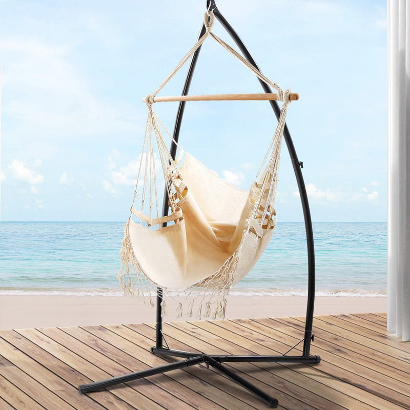 Outdoor Hammock Chair with Steel Stand Tassel Hanging Rope Hammock Cream - Furniture > Outdoor - Bedzy Australia