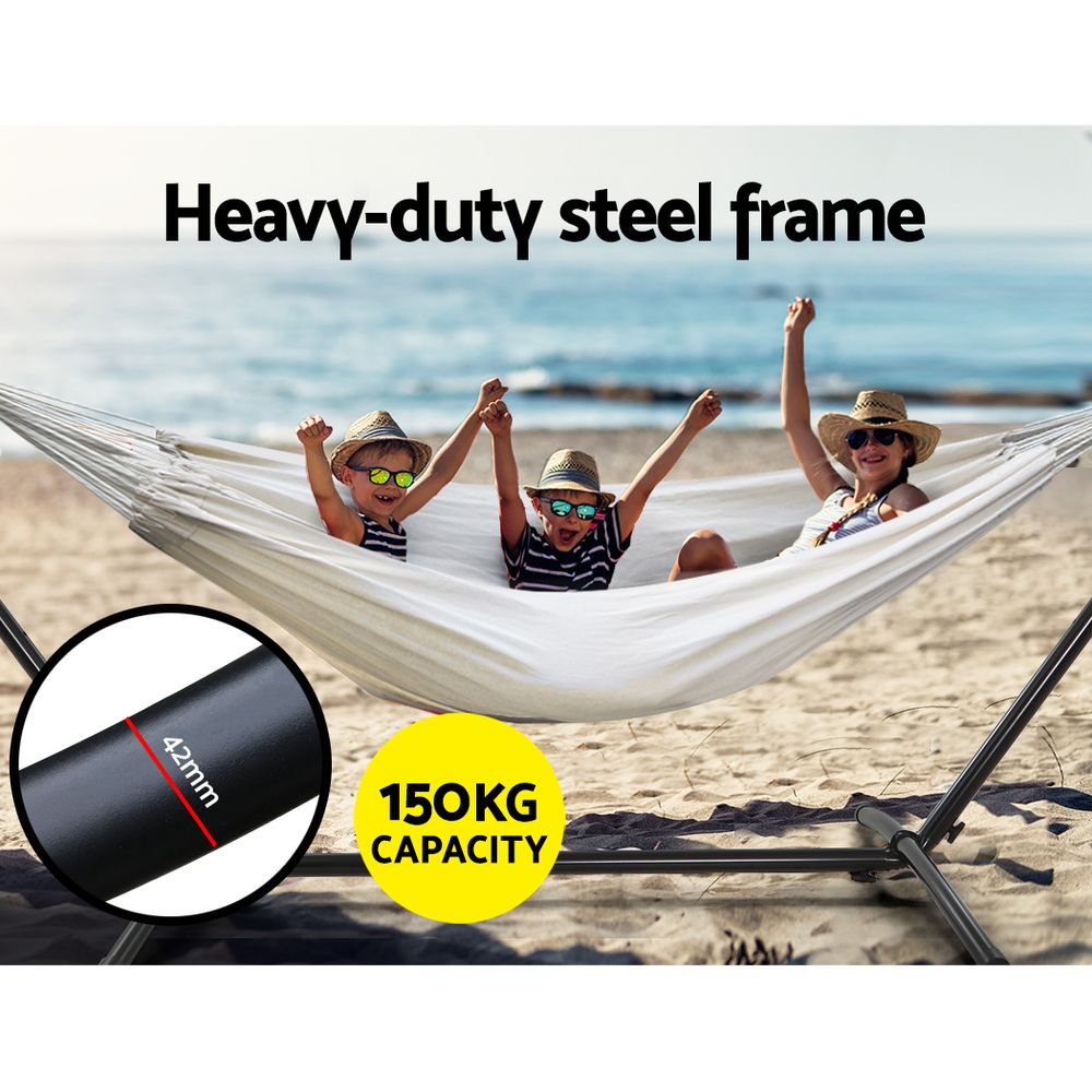 Outdoor Swing Bed: Cream Camping Hammock with Stand - Home & Garden > Hammocks - Bedzy Australia