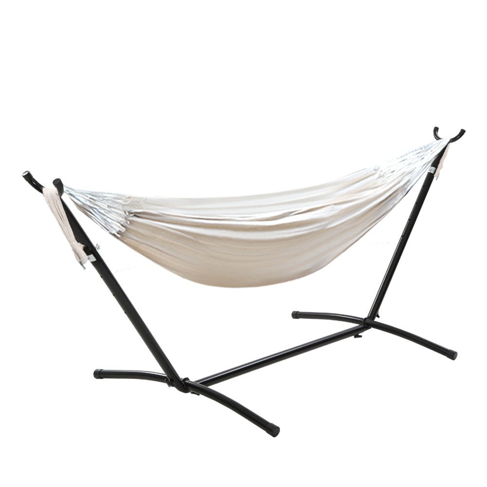 Outdoor Swing Bed: Cream Camping Hammock with Stand - Home & Garden > Hammocks - Bedzy Australia