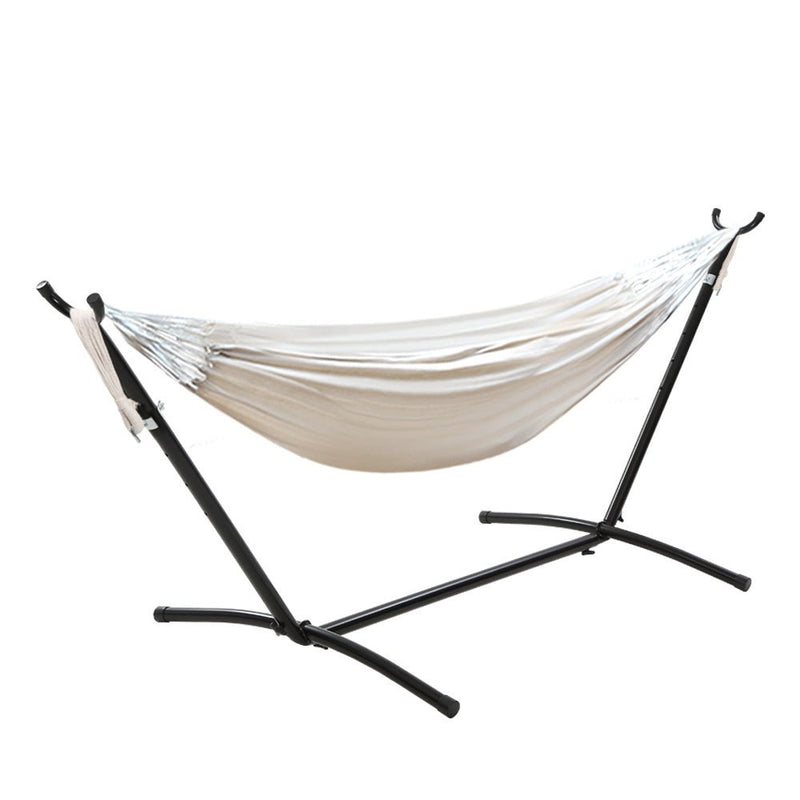 Outdoor Swing Bed: Cream Camping Hammock with Stand - Home & Garden > Hammocks - Bedzy Australia