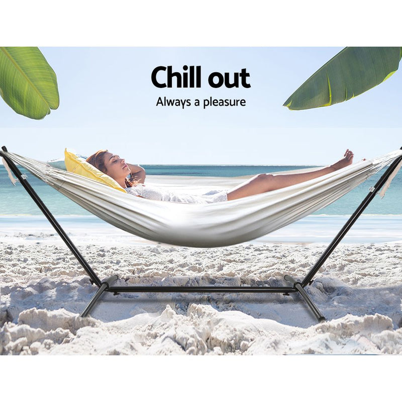 Outdoor Swing Bed: Cream Camping Hammock with Stand - Home & Garden > Hammocks - Bedzy Australia