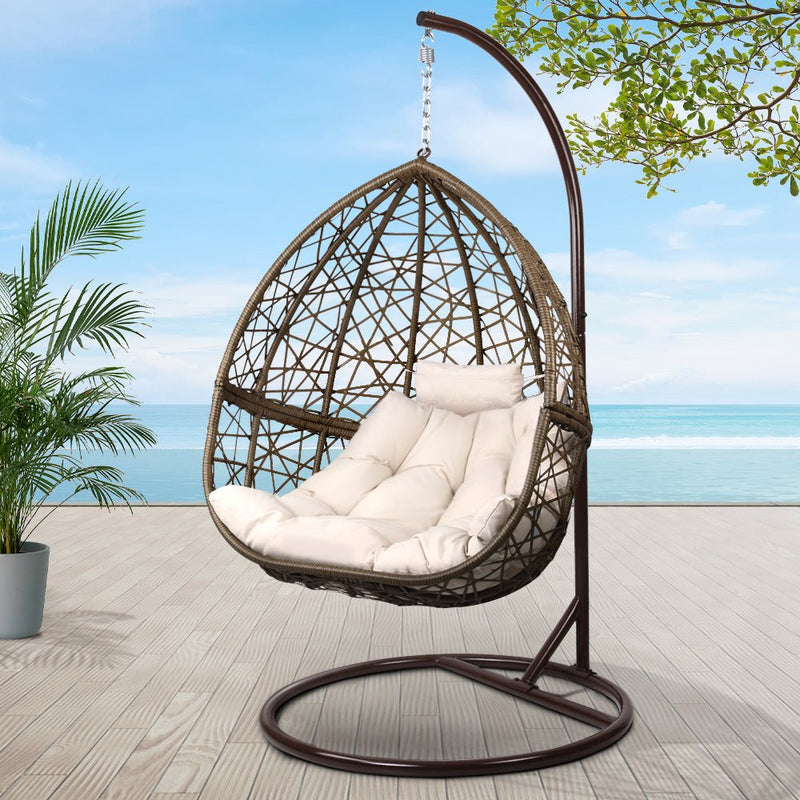 Outdoor Wicker Egg Swing Pod Chair Hammock with Stand Brown - Bedzy Australia (ABN 18 642 972 209) - Home & Garden > Hammocks