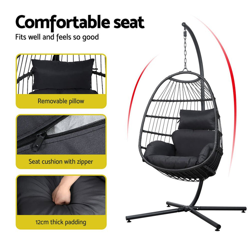 Outdoor Wicker Egg Swing Pod Chair Hammock with Stand Grey - Bedzy Australia (ABN 18 642 972 209) - Furniture > Outdoor