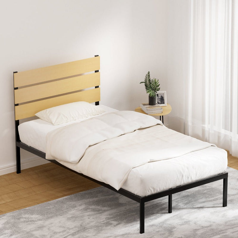 Paula King Single Metal Bed Frame Black With Wooden Headboard - Bedzy Australia (ABN 18 642 972 209) - Furniture > Bedroom